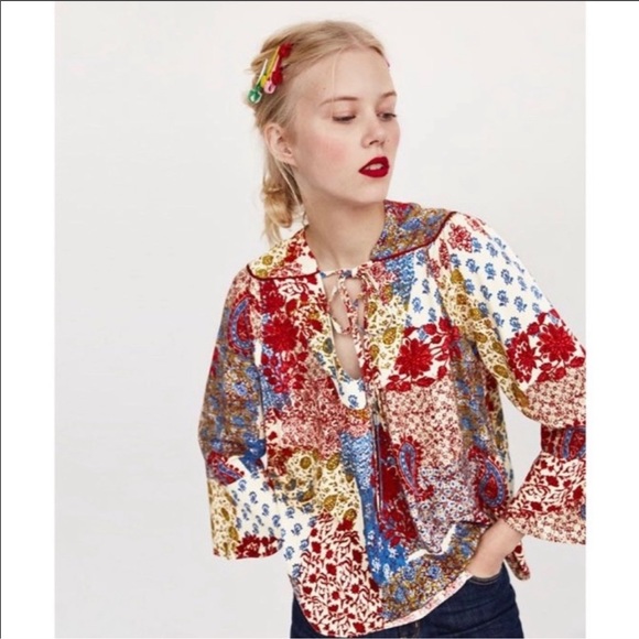 Zara Tops - Zara Patchwork Bell Sleeve Boho Top Peasant Blouse